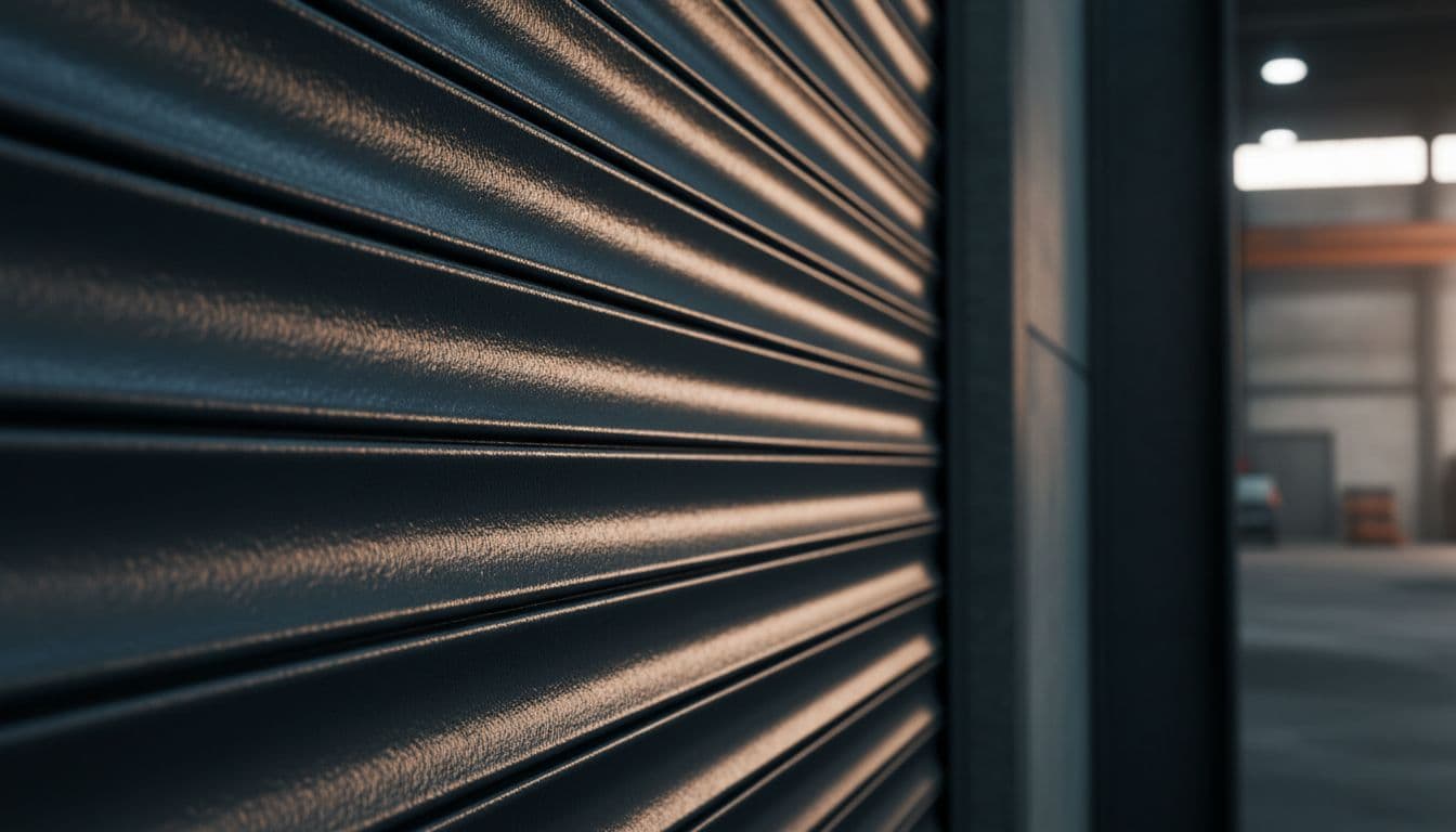 Close-up view of heavy-duty galvanized steel roller shutter slats interlocked securely on an industrial unit door, showing robust texture and powder-coated finish with cinematic style, strong contrast, depth, and dramatic side lighting to emphasize strength.