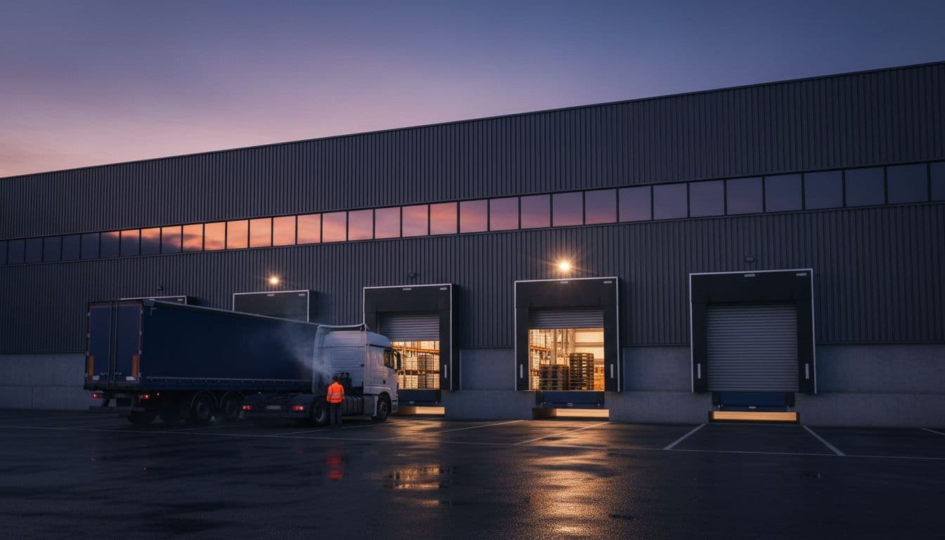 Large modern industrial warehouse exterior with heavy-duty steel roller shutters partially open at the loading dock, trucks nearby, and exactly one worker in high-vis vest standing nearby under dramatic evening lighting with strong contrast.
